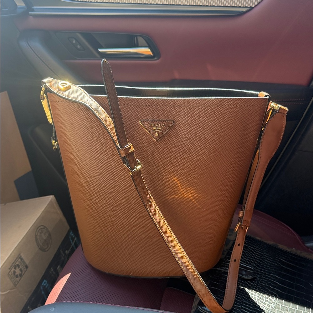 Authentic Prada caramel saffiano Leather bucket shoulder Bag